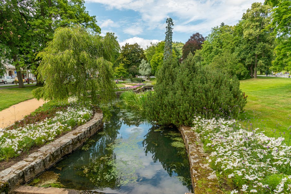 A tranquil garden scene featuring a narrow, reflective stream bordered by low stone walls. The stream is calm, with clear water that mirrors the bright blue sky and white clouds overhead. On one side 